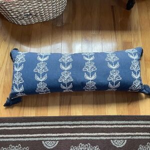 Large blue embroidered bench pillow